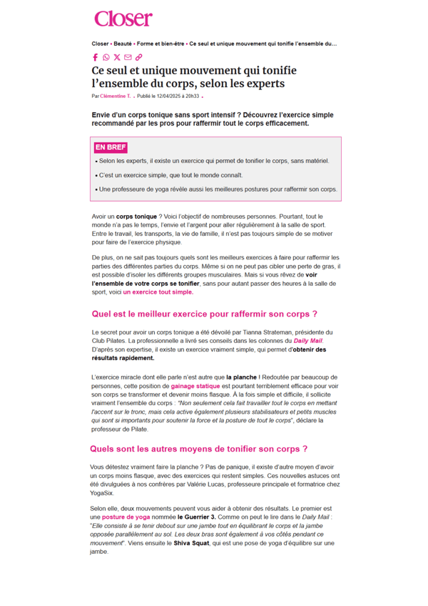 Club Pilates mis en avant dans Closer !