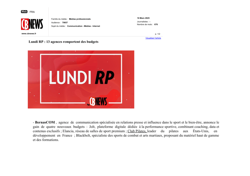 Bernacom remporte le budget Relations Presse Club Pilates