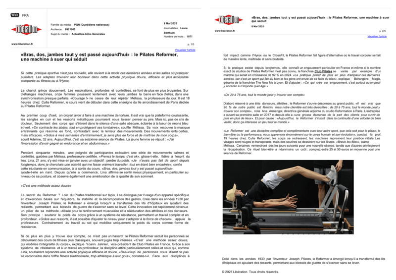 Bras, dos, jambes : Libération salue le Pilates Reformer, la méthode douce qui séduit chez Club Pilates