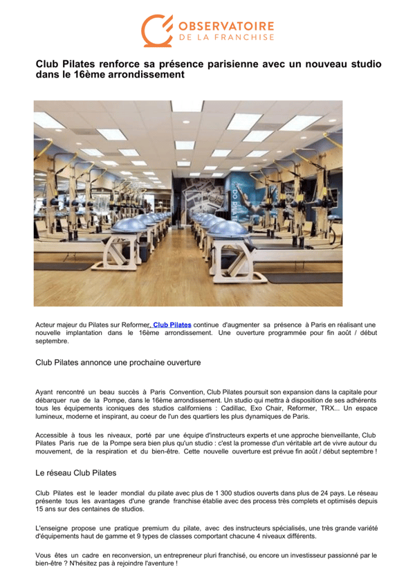 Club Pilates ouvre un nouveau studio premium dans le 16ème arrondissement de Paris