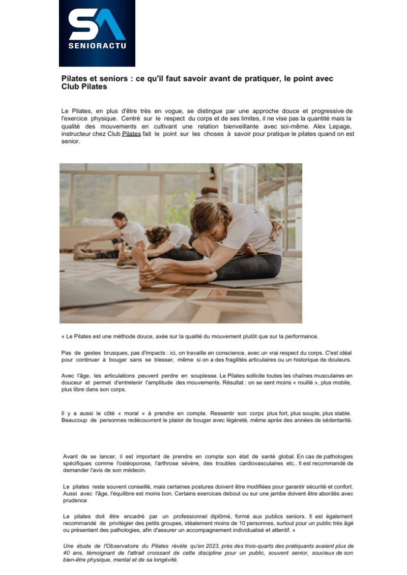 Pilates et seniors : les conseils de Club Pilates pour une pratique adaptée et sécurisée